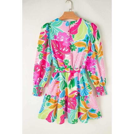 Green Multicolor Botanical Bubble Sleeve Mini Dress