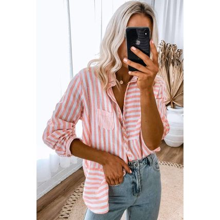 Pink Stripe Buttoned Long Sleeve Casual Shirt