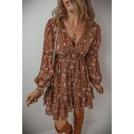 Brown Boho Floral Ruffled Puff Sleeve V Neck Mini Dress