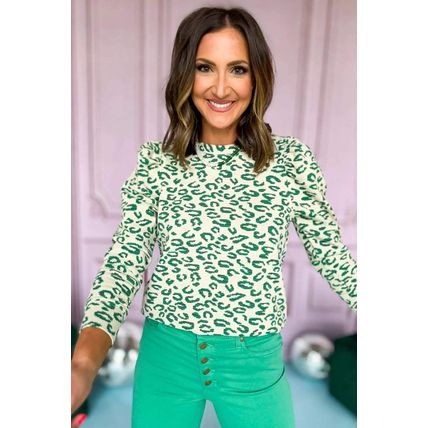 Blackish Green Leopard Print Mock Neck Puff Sleeve Top