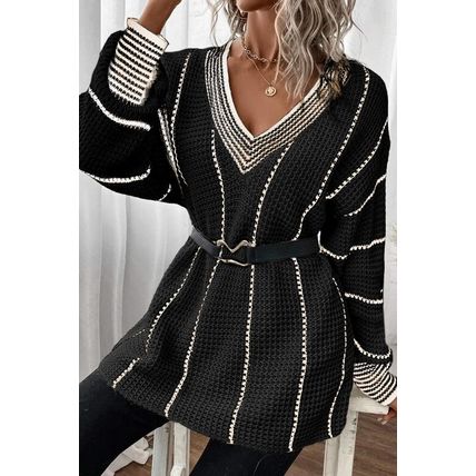 Black Colorblock Striped V Neck Knitted Loose Sweater