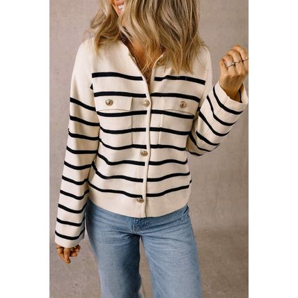 Black Stripe Flap Pocket Buttoned Cardigan Sweater