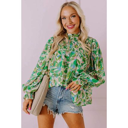 Green Leafy Printed Flounce Sleeve Shirred Mock Neck Blouse