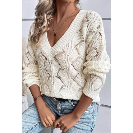 Beige Hollow Out Knit V Neck Drop Shoulder Sweater