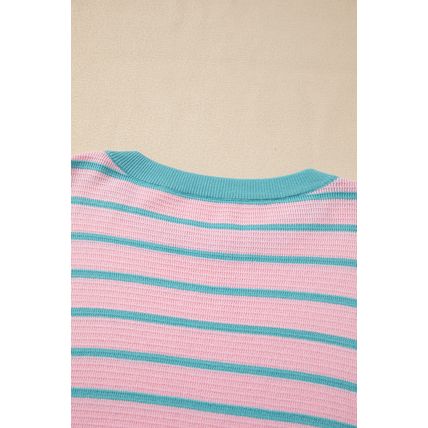 Pink Stripe Trimmed Round Neck Drop Shoulder Loose Sweater
