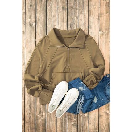 Brown Quarter Zip Stand Neck Kangaroo Pocket Sweatshirt