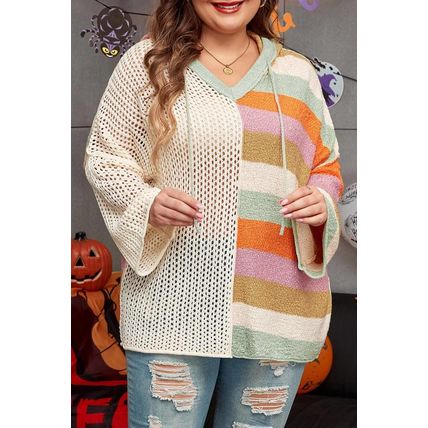Beige Pointelle Knit Colorblock Patchwork V Neck Hooded Plus Sweater