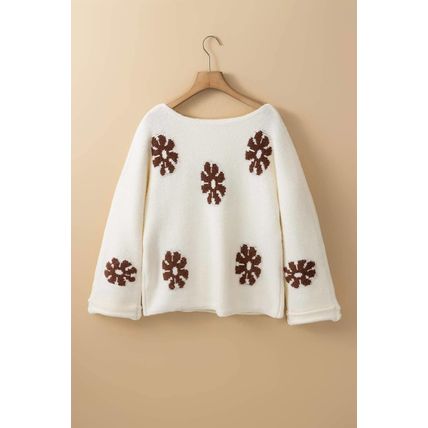 White Colorblock Floral Pattern Round Neck Sweater
