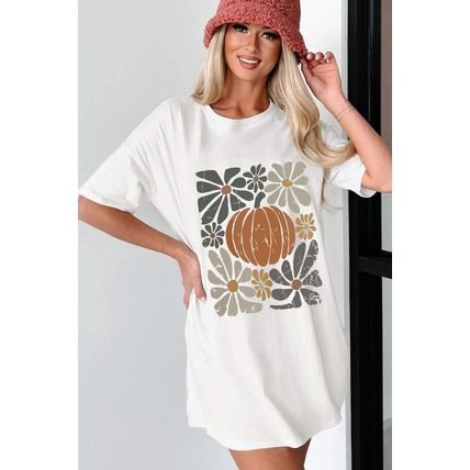 White Thanksgiving Pumpkin Print Loose Crewneck Tunic T Shirt
