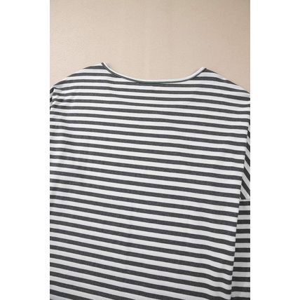Gray Stripe Drop Sleeve Round Neck Oversized Long Sleeve Top