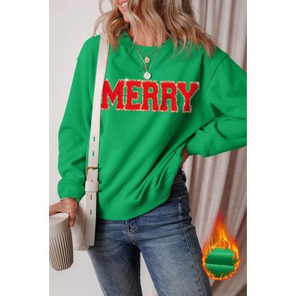 Dark Green Christmas Chenille MERRY Graphic Crew Neck Sweatshirt