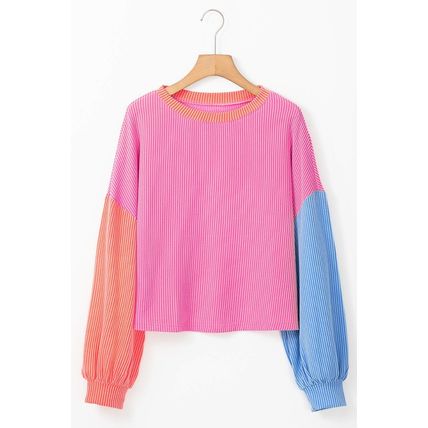 Rose Red Corded Colorblock Patchwork Drop Shoulder Long Sleeve Top