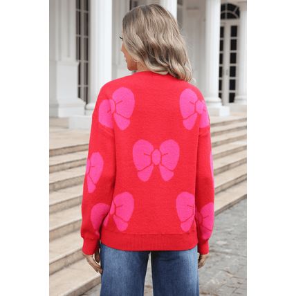 Fiery Red Valentine Bowknot Knitted Round Neck Fashion Sweater