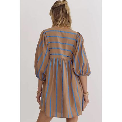 Khaki Stripe Contrast Striped Print 3/4 Sleeve Babydoll Plus Size Dress