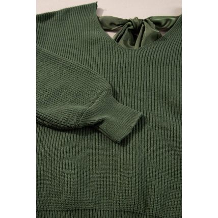 Jungle Green Lantern Sleeve V Neck Knot Back Sweater