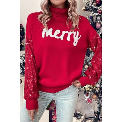 Racing Red Merry Graphic Sequin Sleeve Turtleneck Sweater