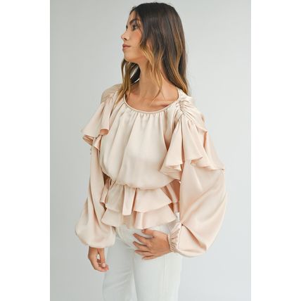 Oatmeal Lace-up Keyhole Back Ruffled Peplum Blouse