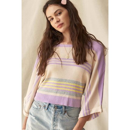 Purple Stripe Borderline Rib Knit Cuffed Dolman Sleeve Sweater
