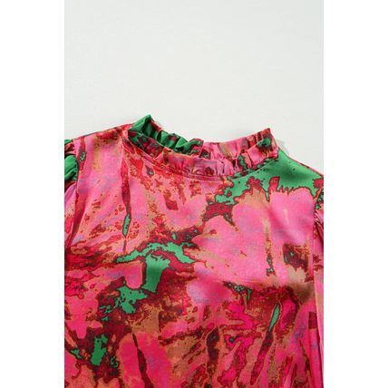 Rose Abstract Print Frilly Neckline Puff Sleeve Blouse