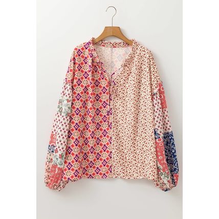 Orange Floral Geometric Patchwork Lace-up Crewneck Plus Size Blouse
