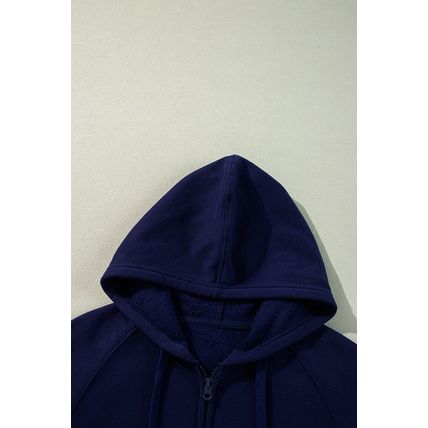 Navy Blue Solid Color Fleece Lined Zip up Hoodie