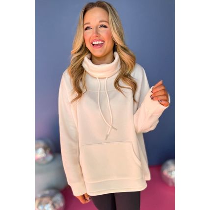 Apricot Drawstring Turtleneck Dolman Sleeve Sweatshirt