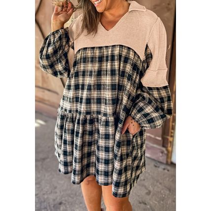 Black Plaid Waffle Knit Patchwork Collared V Neck Plus Size Mini Dress