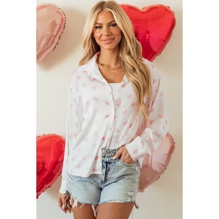White Love Heart Print Drop Shoulder Puff Sleeve Shirt