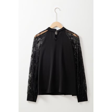 Black Keyhole Neckline Floral Lace Raglan Sleeve Blouse