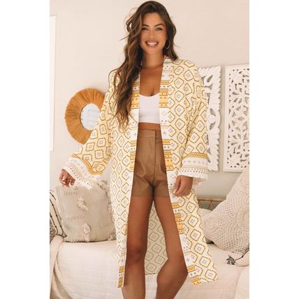 Yellow Bohemian Geometric Printed Loose Sleeve Long Kimono