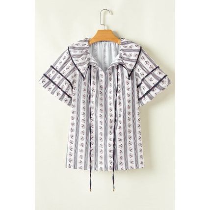 White Floral Ruffled Collar Short Puff Sleeve Printed Blouse