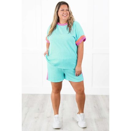Light Blue Plus Size Color Block Corded Knit Tee and Shorts Set