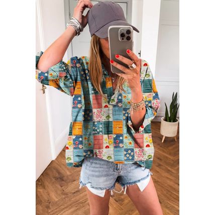Sky Blue Floral Collared V Neck Roll up Sleeve Shift Blouse