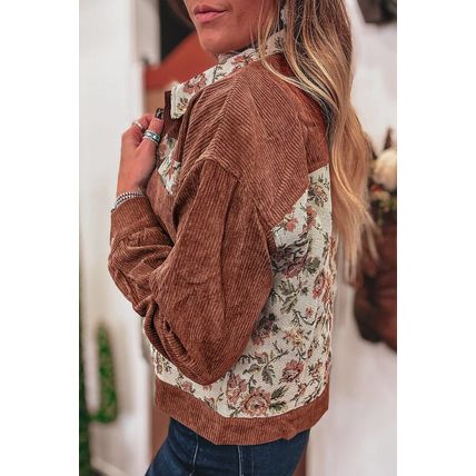 Clay Ribbed Retro Floral Patchwork Shirt Style Jacket