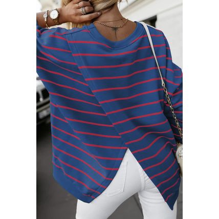 Blue Stripe Stylish Overlap Detail Drop Shoulder Pullover Sweatshirt