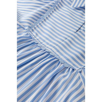 Sky Blue Stripe Shirt Collar V Neck Ricrac Trim 3/4 Puff Sleeve Blouse