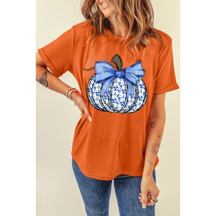 Orange Floral Pumpkin Bow Print Thanksgiving T Shirt