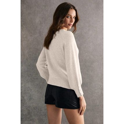 White Buttoned Bishop Sleeve Crew Neck Sweater