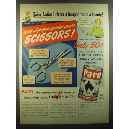 1949 Pard Dog Food Ad - Quick, Ladies! Here's a bargain that's a beauty!