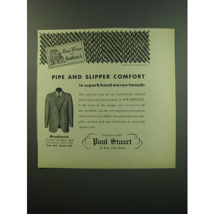 1949 Paul Stuart Southwick Suits Ad - Pipe and slipper comfort