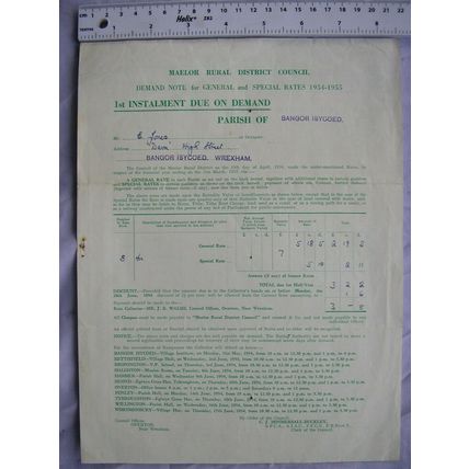 1954 rates demand Maelor Rural District Council, E Jones, Bangor Isycoed Wrexham