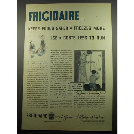 1932 Frigidaire Refrigerator Ad - keeps foods safer freezes more ice costs less