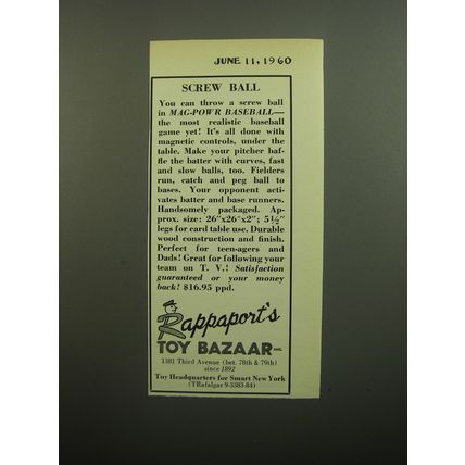 1960 Rappaport's Toy Bazaar Mag-Powr Baseball Advertisement - Screw Ball