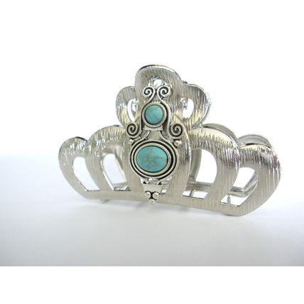 Hair claw clip turquoise blue stone textured silver metal western style