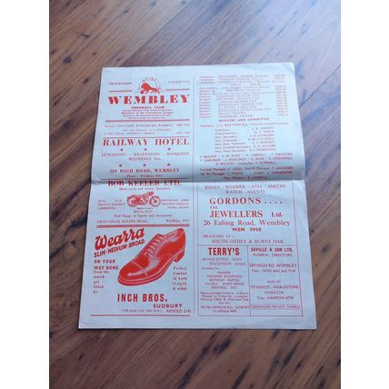1959/60 Wembley vs Hendon - Middlesex Senior Cup 2nd Rnd, 5/3/1960 *FREE P&P*