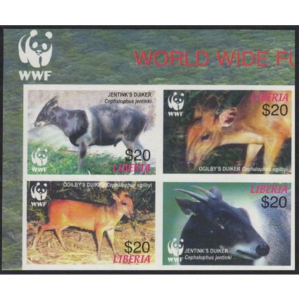 Liberia WWF Duikers Block of 4 WWF Logo Imperf 2005 MNH MI#5100-5103 Sc#2370 a-d