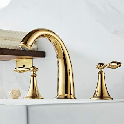 Beelee Gold Solid Brass Widespread Bathroom Faucet 3 Hole Two Handle Deck Mounte