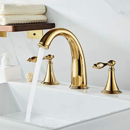 Beelee Gold Solid Brass Widespread Bathroom Faucet 3 Hole Two Handle Deck Mounte