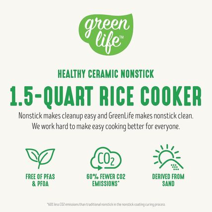 Greenlife 1.5 QT Electric Rice Cooker, Compact Small Size, 3-Cups Uncooked/6-Cup
