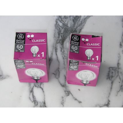 Qty 2 General Electric 60W B22 Clear Classic Light Bulb 660 lumen 240V bulbs